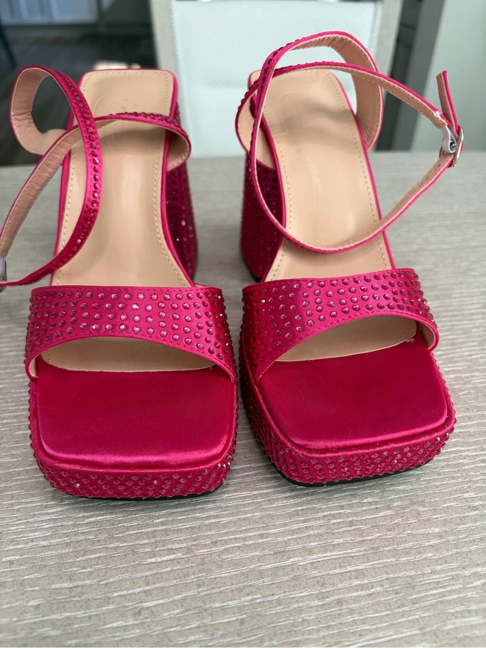 Rhinestone Satin Platform Sandals in Fuchsia Pink